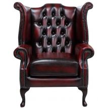 Chesterfield Queen Anne Wing Chair Antique Oxblood Red Real Leather