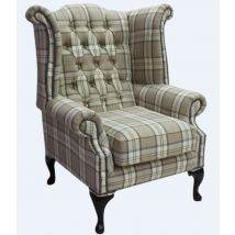 Chesterfield Queen Anne Wing Chair High Back Armchair Piazza Check Beige Fabric