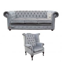 Chesterfield 3 Seater Sofa + Queen Anne Wing Chair Perla Illusions Velvet Sofa Suite Offer