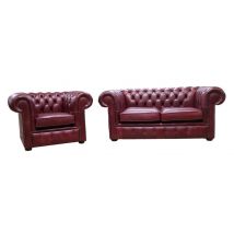 Chesterfield 2 Seater + Club Chair Old English Burgandy Leather Sofa Offer