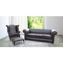 Chesterfield Hampton 3 Seater Settee + Wing Chair + Footstool Old English Smoke Leather Sofa Suite Offer