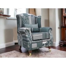 Wing Chair Fireside High Back Armchair Charles Patchwork Grey Fabric