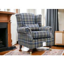 Wing Chair Fireside High Back Armchair Tartan Denim Check Fabric