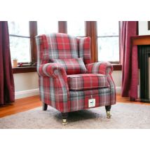 Wing Chair Fireside High Back Armchair Tartan Red Check Fabric