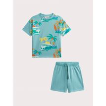 Ensemble t-shirt animation palmiers et short vleu ciel - 6A - Du Pareil Au Même
