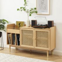 Buffet avec rangement pour vinyles en bois et cannage L140cm - Bois clair - BOMBONG - Bois - Style Bohème