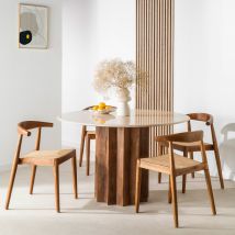Table à manger 4 personnes ronde en marbre et bois massif - Blanc ivoire - SORONG - Marbre - Drawer - Style Contemporain