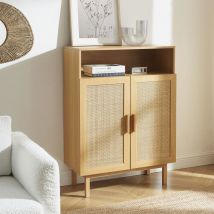 Drawer - Meuble à chaussures 2 portes 1 niche en bois et cannage L80cm - Bois clair - JUNE - Bois - Style Bohème