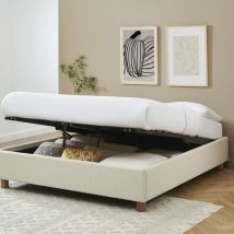 Lit coffre en tissu lin 160x200cm - Beige - MILLO - - Style Bohème