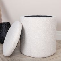 Venture Home - Pouf coffre rond en tissu bouclette ø32cm - Écru - LIMPEN - - Style Bohème