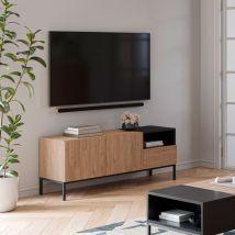 Meuble TV 2 portes 1 tiroir en bois et métal L140cm - Bois clair et noir - AUSTIN - Bois - Style Industriel