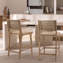 Lot de 2 tabourets de bar intérieur/extérieur en bois d'acacia et résine tressée H66cm - Bois clair - LEXIA - Bois - Style Bohème
