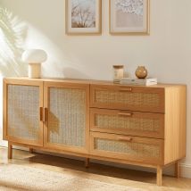 Drawer - Buffet 2 portes 3 tiroirs en bois et cannage L180cm - Bois clair - JUNE - Bois - Style Bohème