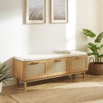 Banc d'entrée avec rangement à chaussures en bois et cannage L140cm - Bois clair - JUNE - Bois - Drawer - Style Bohème
