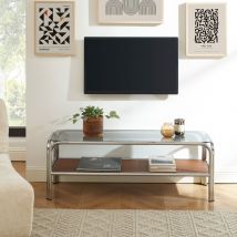Meuble TV en verre pieds chrome L120cm - Verre fumé - Gliss - Verre - Style Contemporain