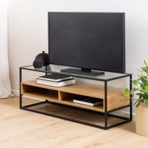 Meuble TV en verre, bois et métal L120cm - Bois clair - Luma - Bois - Style Contemporain