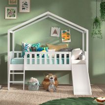 Lit enfant surélevé avec toboggan en bois 90x200cm - Blanc - Alapi - Bois - Style Scandinave