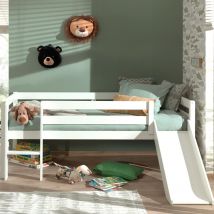 Lit enfant surélevé avec toboggan en bois 90x200cm - Blanc - Orion - Bois - Style Scandinave