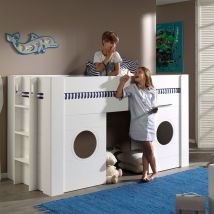 Lit enfant mezzanine en bois 90x200cm - Blanc - Hublot - Bois - Style Classique