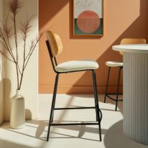 Lot de 2 chaises de bar en bois, tissu bouclette et métal H66cm - Écru - Jens - - Drawer - Style Scandinave,Contemporain