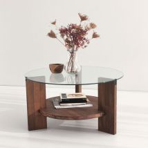 Table basse ronde en verre trempé et bois ø75cm - Bois foncé - Mino - Verre - Style Contemporain