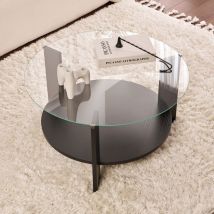 Table basse ronde en verre trempé et bois ø75cm - Noir - Ria - Verre - Drawer - Style Scandinave