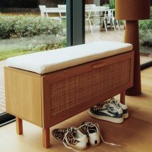 Banc d'entrée avec rangement chaussures en bois et cannage L100cm - Bois clair - JUNE - Bois - Drawer - Style Bohème