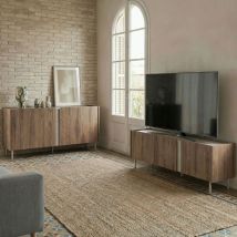 Buffet 4 portes en bois et effet travertin L180cm - Bois foncé - Boxy - Bois - Drawer - Style Contemporain