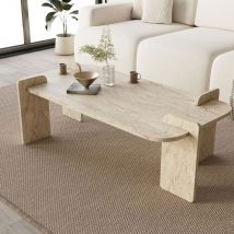 Table basse effet travertin 120x60cm - Beige - Soleni - Bois - Drawer - Style Contemporain