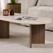 Table basse ovale en bois et effet travertin - Beige - Sam - Bois - Drawer - Style Contemporain