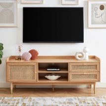 Meuble TV 1 porte 2 tiroirs en bois et cannage L160cm - Bois clair - BOMBONG - Bois - Style Bohème