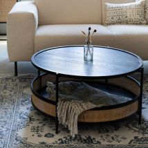 Table basse ronde en bois et cannage ø80cm - Noir - MAKOTO - Bois - Style Bohème