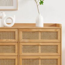 Commode 6 tiroirs en bois et cannage L120cm - Bois clair - BOMBONG - Bois - Style Bohème
