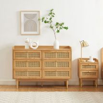 Commode 6 tiroirs en bois et cannage L120cm - Bois clair - BOMBONG - Bois - Style Bohème