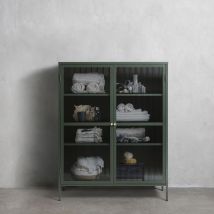 Vaisselier 2 portes en verre strié et métal H140cm - Vert foncé - BJORN - Métal - Style Contemporain
