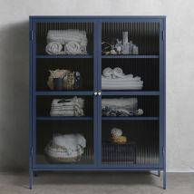 Vaisselier 2 portes en verre strié et métal H140cm - Bleu - BJORN - Métal - Style Contemporain