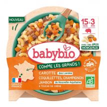 Babybio Menù Carottes Des Landes, Coquillettes, Champignon et Jambon Avec De Gros Morceaux 200g - Fatto in Francia - Easypara