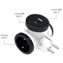 Multiprise murale 2 prises ou biplite avec prises USB A et USB C blanc/ noir GEFOM