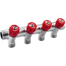 Distributeur mâle femelle 20/27 (3/4) avec 4 départs 15/21 (1/2) + vannes rouges