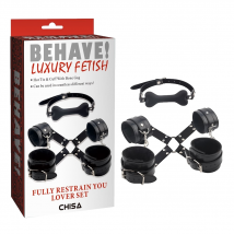 Luxury set manette cavigliere + morso doggy nere regolabili BDSM fetish bondage