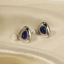Asymmetric Earrings with Lapis Lazuli & Pearl