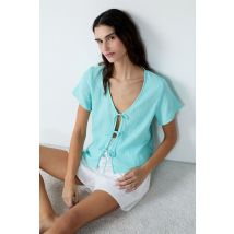 Camisa de manga corta de algodón con lazos - ERIN - XL - Emerald - Mujer - Etam