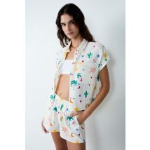 Camisa de pijama de manga corta de lino estampada - FABIOLA - M - Ecru - Mujer - Etam