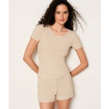Prążkowany t-shirt z krótkim rękawem - M - Beige - Etam