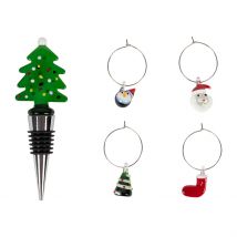 Coffret Bouchon Bouteille avec 4 Marqueurs en Verre et Inox Vert - Noel - Côté Table