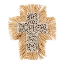 Deco Murale Croix en Raphia et Coquillage Naturel et Blanc - Cauri - SEMA Design