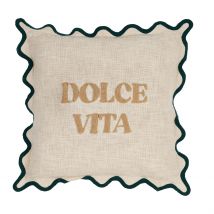Housse de Coussin Brodée Dolce Vita en Coton Beige et Émeraude 45x45cm - Lumi - SEMA Design