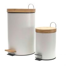 Lot de 2 Poubelles à Pédale en Métal Blanc et Bambou 3L et 12L - Home Déco Factory