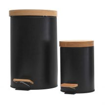 Lot de 2 Poubelles à Pédale en Métal Noir et Bambou 3L et 12L - Home Déco Factory