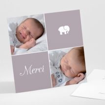 Remerciements naissance Eléphant deux photos - Divers coloris - Format: Petit carré - Conception sur-mesure avec expertise - Faire-Part Élégant